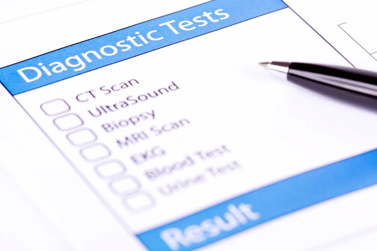 Checklist of diagnostic tests including CT scan ultrasound MRI and blood tests for health screening.